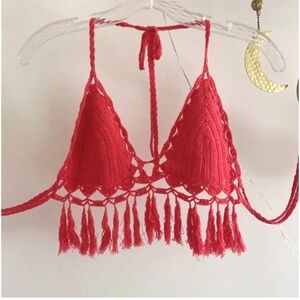 🪞 NEW fringe trim halter tie back crochet top